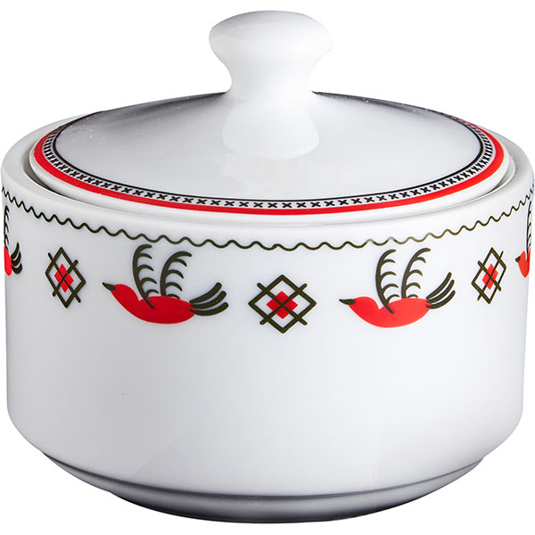 Сахарница «Мезень» Практик Гуси;фарфор;D=98,H=65мм;белый,красный