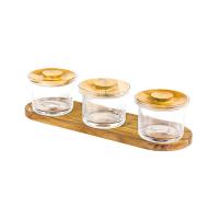 Емкость фуршетная на подставке[3шт];стекло,дуб;0,5л;D=12,5,H=11,L=45,B=14,5см;прозр.,св. дерево