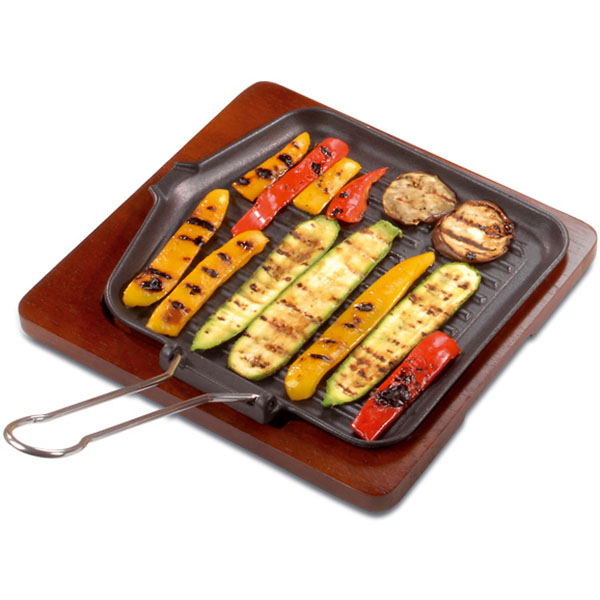 Сковорода-гриль на подставке;чугун,дерево;,H=4,L=28/19,B=26см;черный,св.корич.