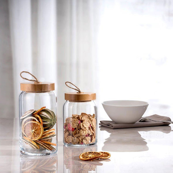 Банка круглая с крышкой «Вуди»;стекло,дерево;1,13л;D=90,H=178мм;прозр.