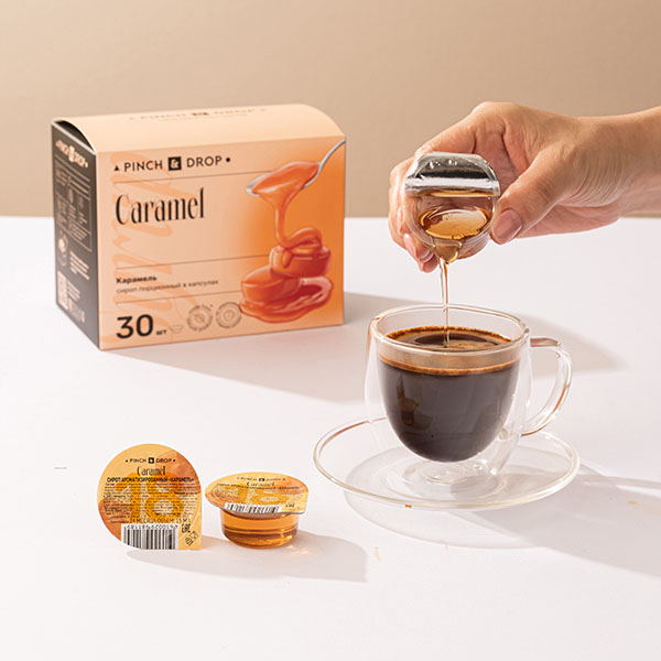 Сироп «Карамель» ароматизированный порционный Pinch&Drop[30шт];картон;15мл;,H=12,L=15,5,B=10см
