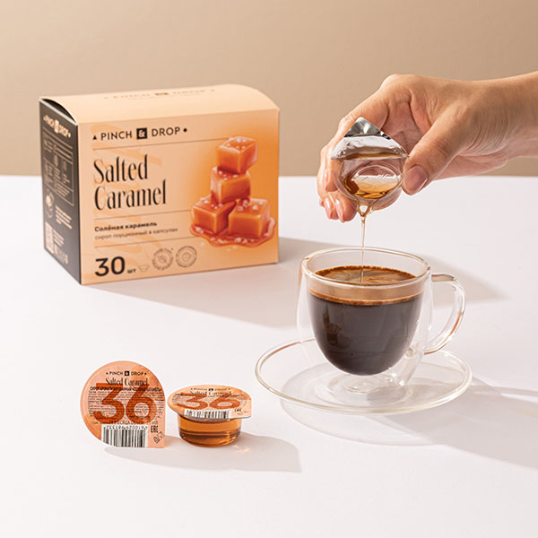Сироп «Соленая Карамель» ароматизированный порционный Pinch&Drop[30шт];картон;15мл;,H=12,L=15,5,B=10