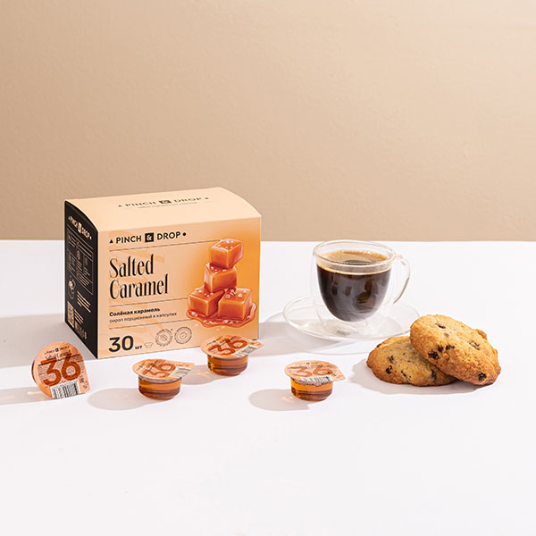 Сироп «Соленая Карамель» ароматизированный порционный Pinch&Drop[30шт];картон;15мл;,H=12,L=15,5,B=10