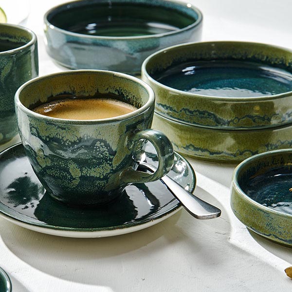 Тарелка «Аврора Везувиус Бернт» с бортом;фарфор;1,065л;D=165,H=45мм;бежев.,зелен.