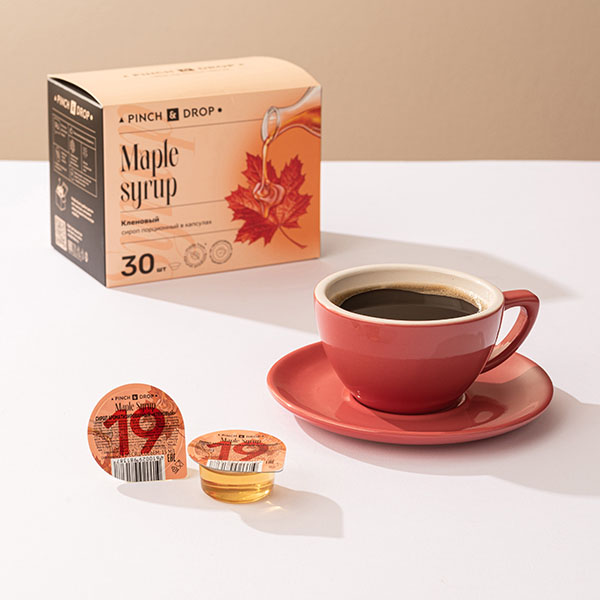 Сироп «Кленовый» ароматизированный порционный Pinch&Drop[30шт];картон;15мл;,H=12,L=15,5,B=10см