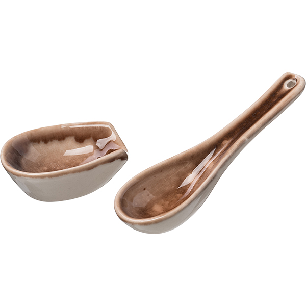 Ложка для мисосупа «Маррон Реативо» с подставкой;фарфор;,H=3,L=14см;коричнев.,кремов.