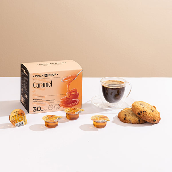 Сироп «Карамель» ароматизированный порционный Pinch&Drop[30шт];картон;15мл;,H=12,L=15,5,B=10см