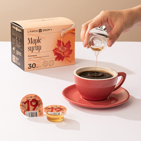 Сироп «Кленовый» ароматизированный порционный Pinch&Drop[30шт];картон;15мл;,H=12,L=15,5,B=10см