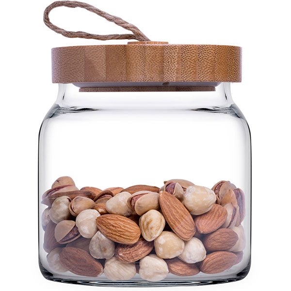 Банка круглая с крышкой «Вуди»;стекло,дерево;0,575л;D=90,H=95мм;прозр.