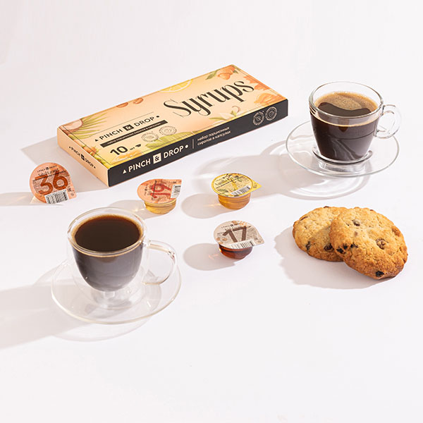 Сироп «Ассорти» ароматизированный порционный Pinch&Drop[10шт];поливинилхл.;15мл;,H=23,L=260,B=110мм