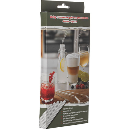 Трубочки многоразовые со сгибом (6 шт.) с ершиком для мытья[7шт];стекло;D=1,L=23см;прозр.