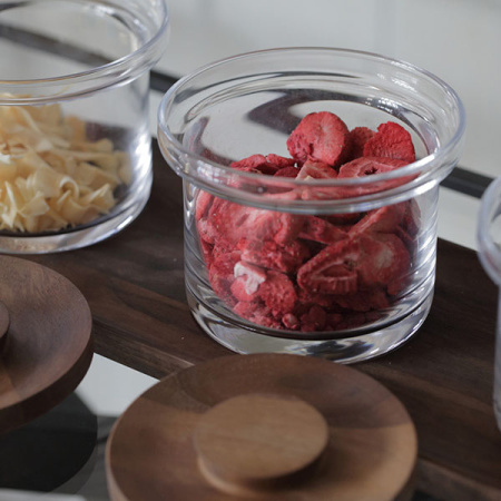 Емкость фуршетная на подставке[3шт];стекло,орех;0,5л;D=12,5,H=11,L=45,B=14,5см;прозр.,деревян.