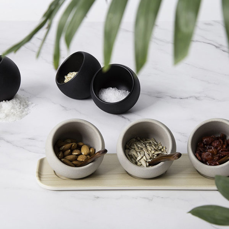 Набор емкостей фуршетных «Мун» с ложками[3шт];пластик,дерево;50мл;D=80,H=75мм;серый,коричнев.