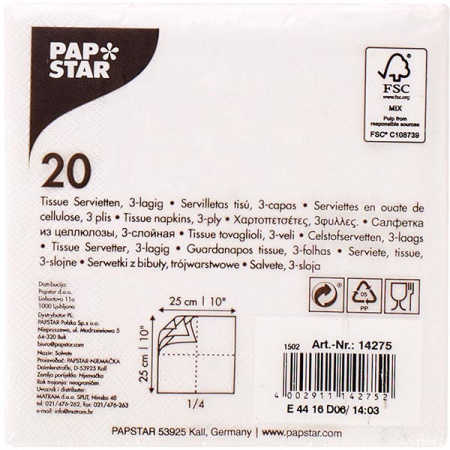 Салфетки бумажные трехслойные 25*25см[20шт];бум. салфет.;,H=2,L=13,B=13см;белый