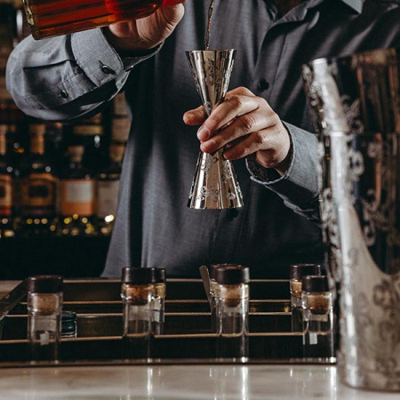 Джиггер «Пробар Премиум Мотиво» 60/90 мл с орнаментом;сталь нерж.;D=52/59,H=155мм;серебрист.