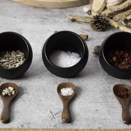 Набор емкостей фуршетных «Мун» с ложками[3шт];пластик,дерево;50мл;D=80,H=75мм;черный,коричнев.