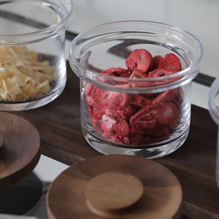 Емкость фуршетная на подставке[3шт];стекло,дуб;0,5л;D=12,5,H=11,L=45,B=14,5см;прозр.,св. дерево