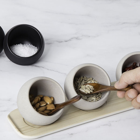 Набор емкостей фуршетных «Мун» с ложками[3шт];пластик,дерево;50мл;D=80,H=75мм;серый,коричнев.