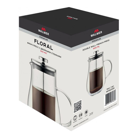 Френч-пресс «Флорал» с двойными стенками;стекло борос.,сталь нерж.;0,6л;D=12,5,H=18,B=14,5см;прозр.,