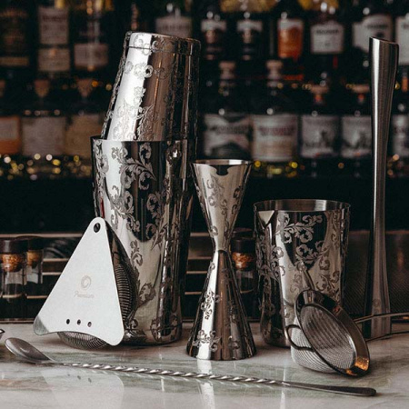 Джиггер «Пробар Премиум Мотиво» 60/90 мл с орнаментом;сталь нерж.;D=52/59,H=155мм;серебрист.