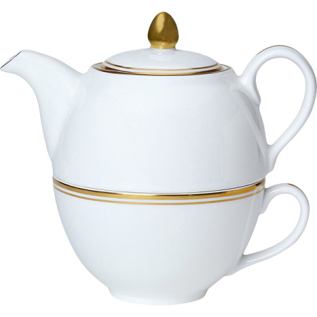 Набор посуды «Беништ Голд» чайник, чашка и блюдце[3шт];кост.фарф.;белый,золотой