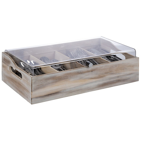 Органайзер для столовых приборов 4 отделения с крышкой;акация,пластик;,H=14,5,L=51,B=28см;серый