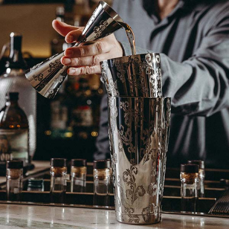 Джиггер «Пробар Премиум Мотиво» 60/90 мл с орнаментом;сталь нерж.;D=52/59,H=155мм;серебрист.