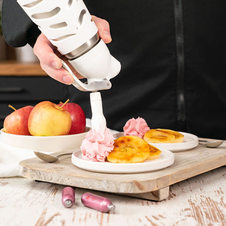 Сифон для сливок «Десерт Вип»;сталь нерж.,пластик;0,5л;D=97,H=264,B=125мм;металлич.,белый