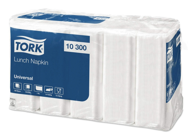 Салфетки бумажные белые Tork  33х33см. 1 слой. 5х100 листов. 10шт/кор.;бумага;,L=33,B=33мм;белый