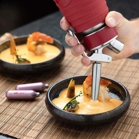 Сифон для сливок «Гурме»;сталь нерж.,пластик;0,5л;D=73,H=250,B=105мм;металлич.